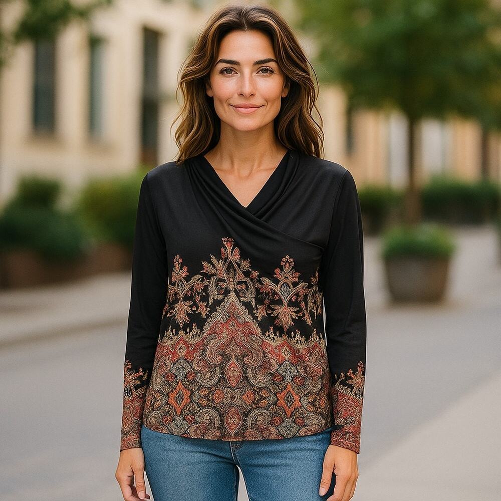 Made with Love Black Red Brown Green Paisley Knit‎ Top Crossover V Neck S